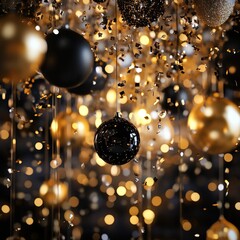A glittering golden and black party scene with elegant decorations and confetti.