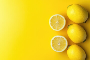 Fresh lemons on a bright yellow background