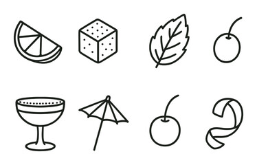 Icon set. fruit and drink outlines: lemon, dice, leaf, cherry, umbrella, glass, cane vector icons.