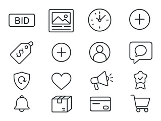 Icon set: essential minimalist silhouette icons. bid, photo, clock, cart, heart, vector icons