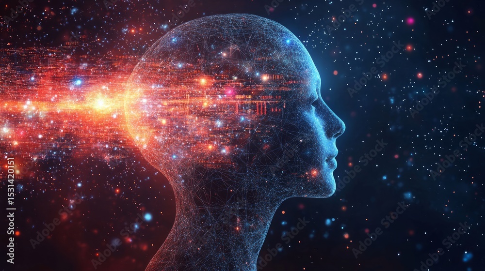 Poster profile of human head with glowing brain connected by neural networks and flowing data streams repre