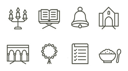 Religious ceremony set. worship linear icons. candle, bible, bell, church, wreath, checklist vector icons.