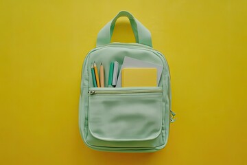 Mint green backpack, filled with school supplies, atop a bright yellow surface