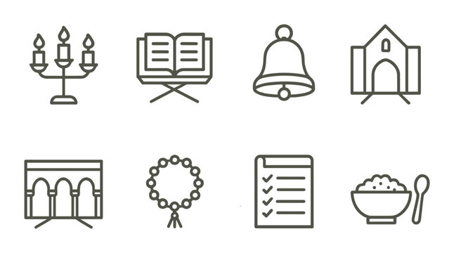 Religious ceremony set. worship linear icons. candle, bible, bell, church, wreath, checklist vector icons.