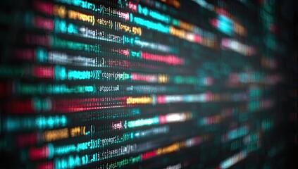 Close-up of blurred, colorful computer code on a screen