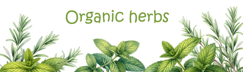 watercolor illustration of fresh organic herbs like mint, rosemary, and lemon balm. Ideal for eco-packaging, herbal product labels, natural cosmetics, tea branding, and eco-friendly blogs