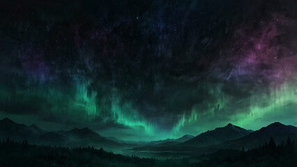 Fototapeta premium Moody Northern Lights Abstract Background with Teal, Green, and Lavender Glow