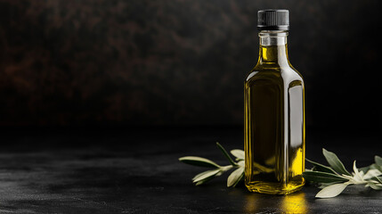 A glass bottle of olive oil stands elegantly against a black background, showcasing its rich golden-green hue