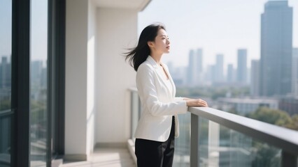 Fototapeta premium Woman on Balcony with City View