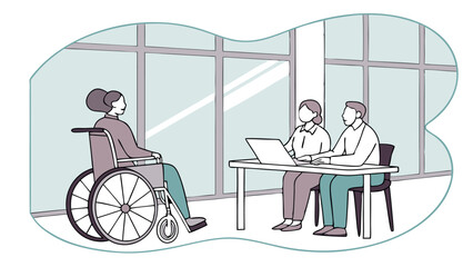 Woman in wheelchair engaged in conversation with two individuals at a table, showcasing inclusivity and collaboration in a modern office environment with large windows