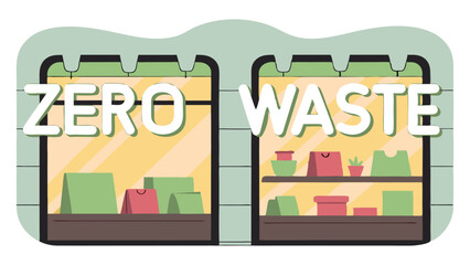 Colorful flat illustration of a zero waste store front with large windows displaying eco-friendly products and reusable bags, promoting sustainable shopping practices and environmental consciousness