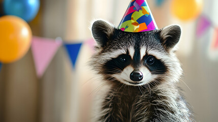 Raccoon in party hat enjoying bir  AED13