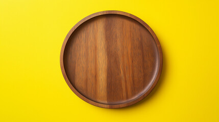 A wooden  serving tray  on a yellow background