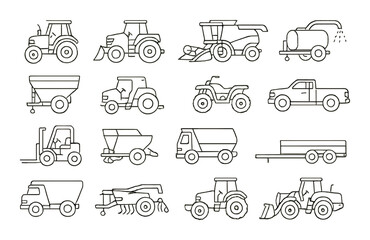 Farm vehicle set. agricultural machinery linear tractor, harvester, truck vector icons.
