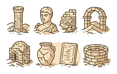 Ancient ruins set. historical monuments flat icons. column, bust, pot, arch, well vector icons
