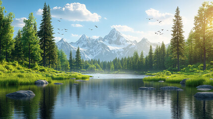 Mountain lake reflection with birds, forest, sunny sky