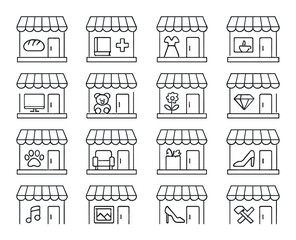 Storefront set. retail shop linear icons: bakery, pharmacy, fashion, jewelry. vector icons