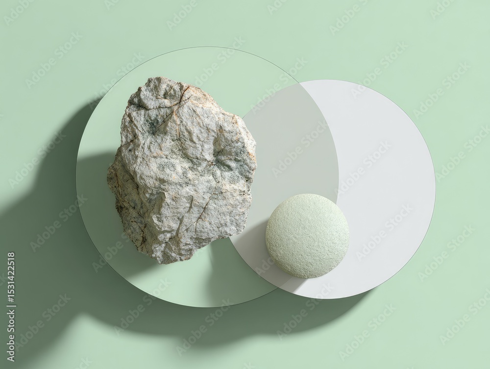 Fototapete light green backdrop with a textured rock and a light-colored sphere