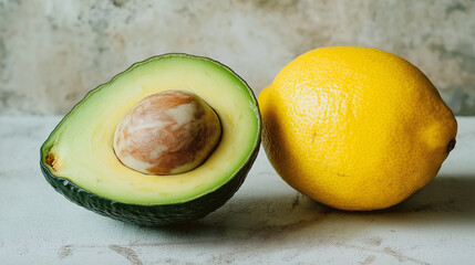 A halved avocado with its creamy green flesh exposed, placed beside a fresh lemon, highlighting a vibrant and healthy pairing on a clean surface.
