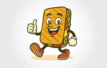 Happy walking Panini sandwich mascot with a thumbs up