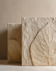 Two light beige, textured, square wall art pieces.  Relief carvings of large leaves