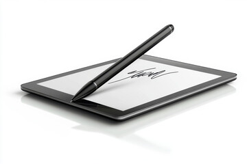 A pen rest on a tablet screen.