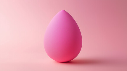 A soft pink beauty blender resting on a vibrant pink background, highlighting its teardrop shape and smooth, spongy texture.
