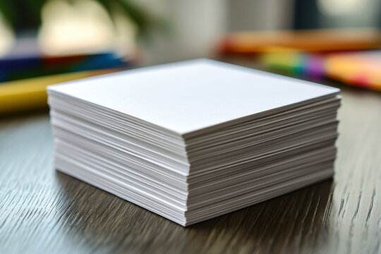Stack of white business cards on table.