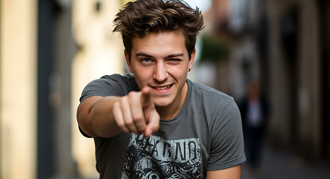 A man squinting one eye and pointing directly, cheeky and expressive attitude.