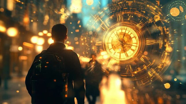 A person standing on a bustling city street at night, gazing at a glowing clock overlay with abstract elements - Powered by Adobe
