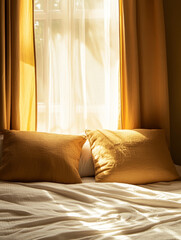 Cozy bedroom scene featuring neatly made bed with soft, golden pillows and warm curtains that filter sunlight, creating tranquil atmosphere