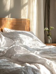 Serene bedroom scene featuring freshly made bed with soft, white linens, bathed warm sunlight. wooden headboard complements tranquil atmosphere, while small vase with flowers adds touch of nature