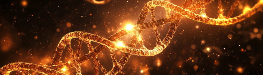 Mesmerizing image of glowing DNA strand, showcasing intricate details and vibrant colors. golden hues and sparkling lights create otherworldly atmosphere, evoking sense of wonder and discovery