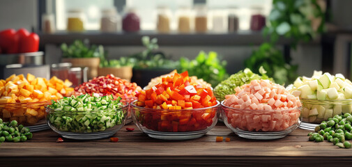 Colorful array of chopped vegetables including bell peppers, cucumbers, and carrots arranged in glass bowls on wooden table, creating vibrant and fresh meal preparation scene