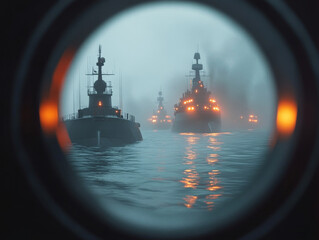 Mysterious naval scene captured through porthole, showcasing warships in foggy atmosphere. tension is palpable as ships loom ominously, illuminated by their lights