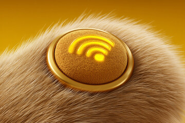 Creative illustration of paw featuring golden button with Wi Fi symbol, set against vibrant yellow background. soft fur texture adds playful touch to design, evoking sense of warmth and innovation