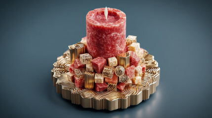 Beautifully crafted candle sits atop intricate golden base, surrounded by decorative elements. rich red color of candle contrasts elegantly with golden accents, creating warm and inviting