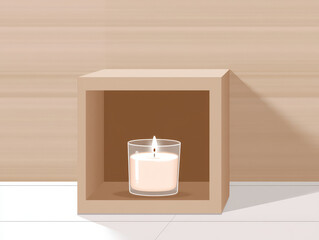 Serene candle placed inside minimalist wooden shelf, radiating warm glow. soft light creates calming atmosphere, perfect for relaxation and ambiance