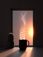 Serene scene featuring steaming mug placed on table beside cactus, with sunlight streaming through window. steam spirals upward, creating calming atmosphere