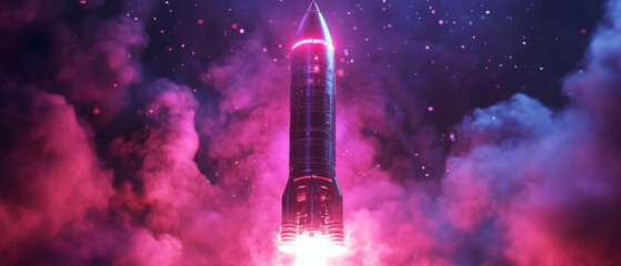Stunning digital artwork of rocket launching into space, surrounded by vibrant pink and purple clouds, creating sense of excitement and adventure. rocket stands tall, ready for its journey