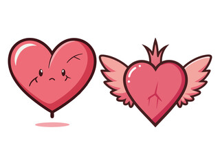 Cute Pink Heart with Wings & Broken Heart Cartoon Vector for Love & Emotion Graphics