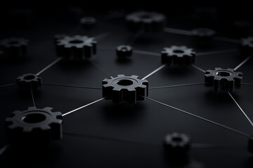 Close up view of interconnected gears on dark background, symbolizing collaboration and technology. intricate design showcases mechanical elements working together harmoniously