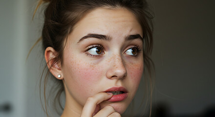 A teenage girl biting her lip slightly, looking shy yet curious, with freckles and messy bun, isolated.