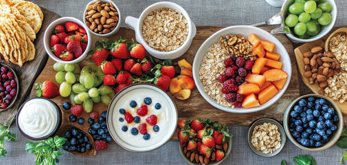 Vibrant and wholesome breakfast display featuring variety of fresh fruits granola yogurt and nuts. This colorful spread includes strawberries blueberries grapes and almonds creating delightful