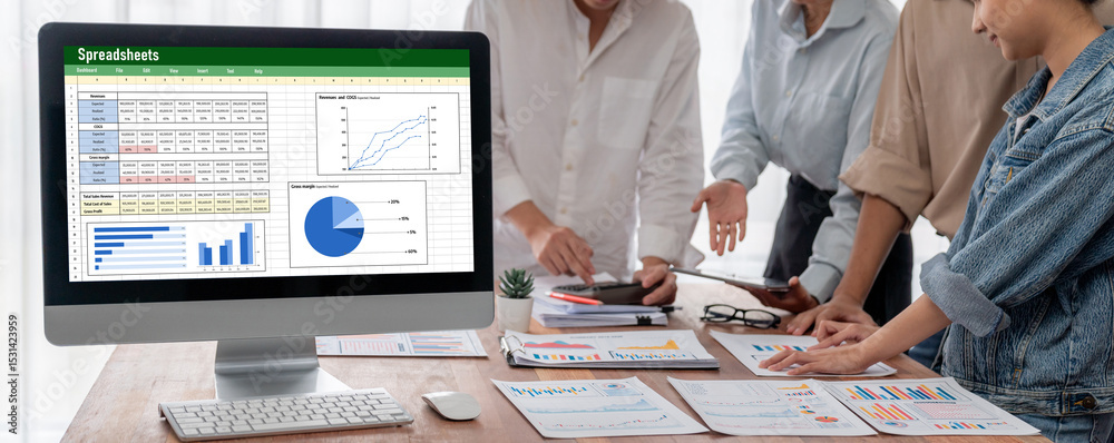 Fototapete Spreadsheet document information financial startup concept. data and graphs in spreadsheet documents for online analysis project dashboard accounting digital brisk