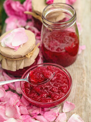 Rose petal jam in the garden. Selective focus.