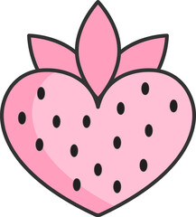 strawberry heart shaped icon, simple linear black and pink icons, isolated on a white background, doodle and sketch style, hand drawing