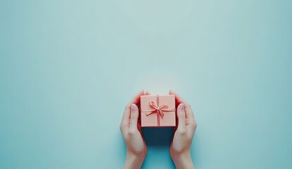 Hands holding a small, light pink gift box, tied with a pale pink ribbon, on a pale blue background