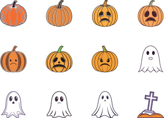 Twelve Halloween themed icons present pumpkins, ghosts, and a tombstone against white space