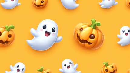 Fototapeta premium A playful Halloween pattern featuring cute ghosts and pumpkins.